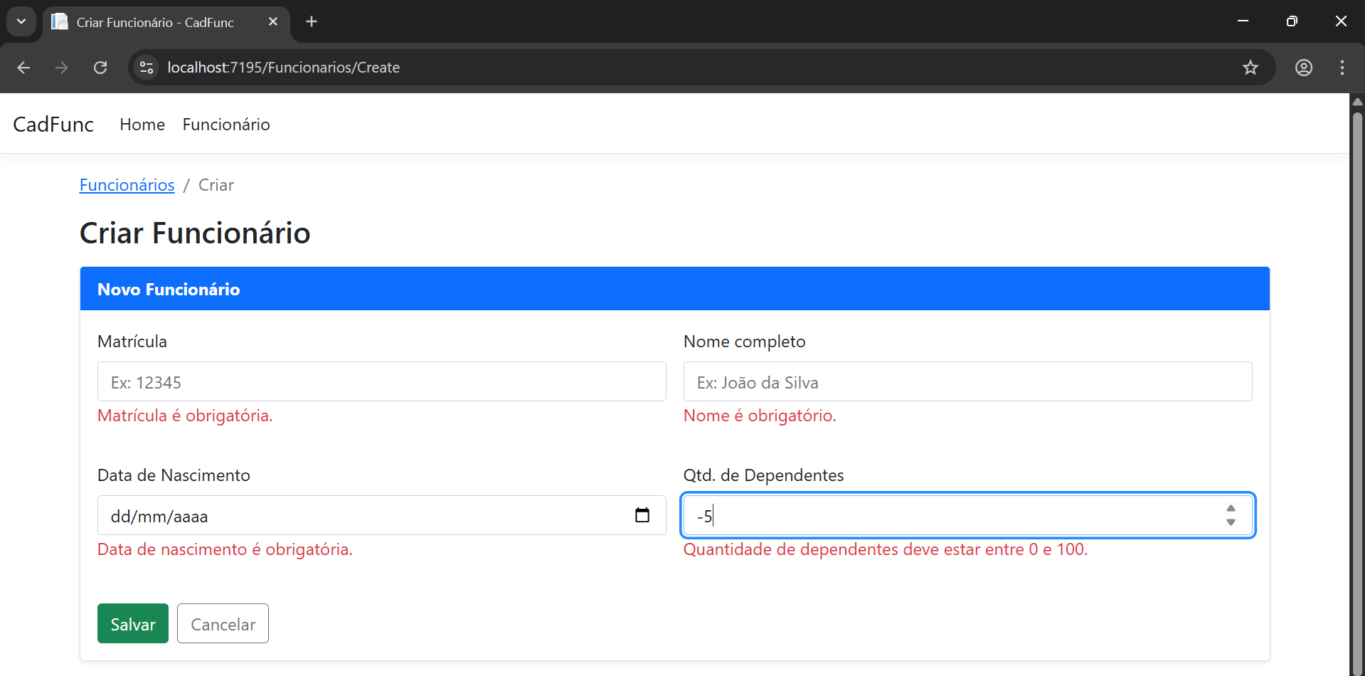 View sendo validada por Data Annotations